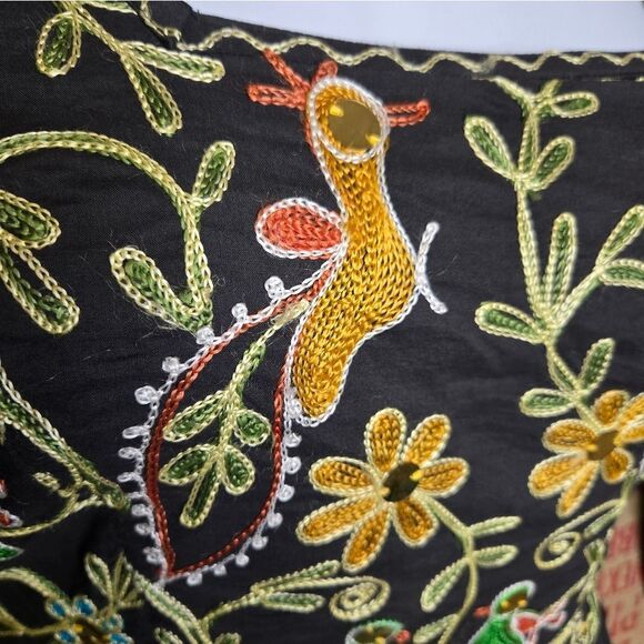 VINTAGE 90s black embroidered boho floral peasant lagenlook midi dress ‎ S - Picture 4 of 13
